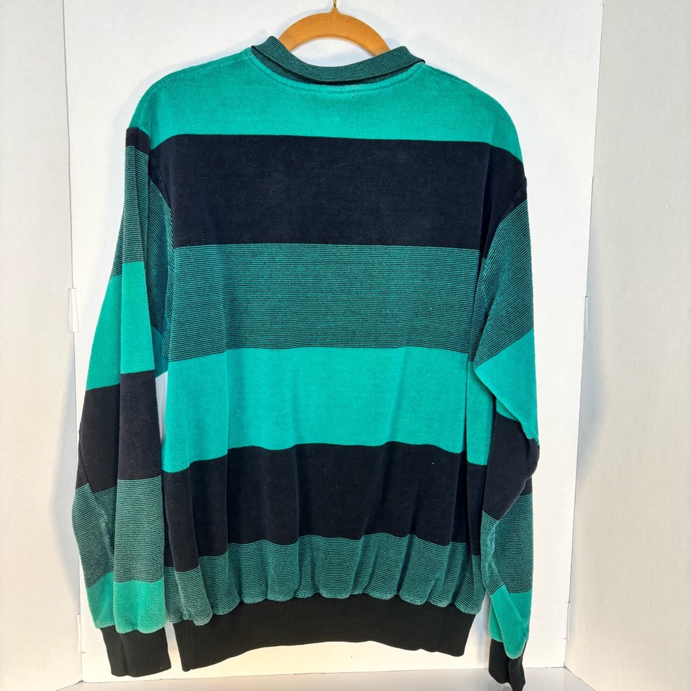 Men's Striped Long-Sleeve Polo Velour Shirt in Teal and Black XL - Picture 3 of 7